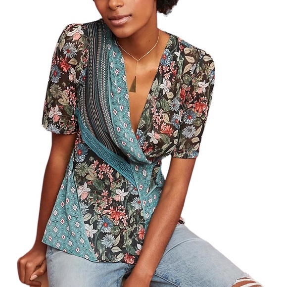 Anthropologie TINY Lovely Patchwork Floral Printed Wrap Top - S - Picture 3 of 15